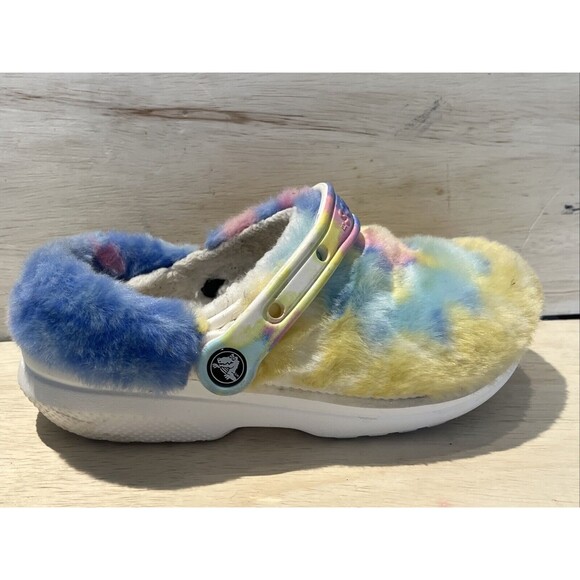 Crocs Sandals Womens Size 7 Rainbow Fur sure Clog tie tye dye rainbow cozy soft - Picture 6 of 9
